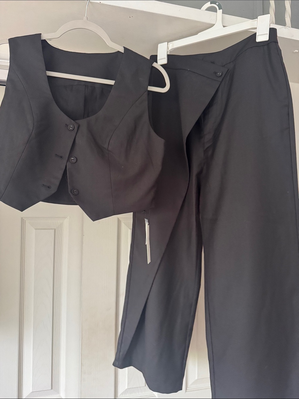 Commense Black Cropped Button Vest with Wide-Leg Trousers